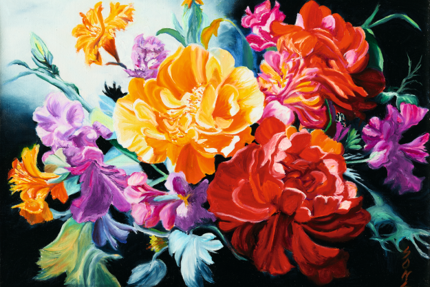 Colorful floral arrangement on a black background