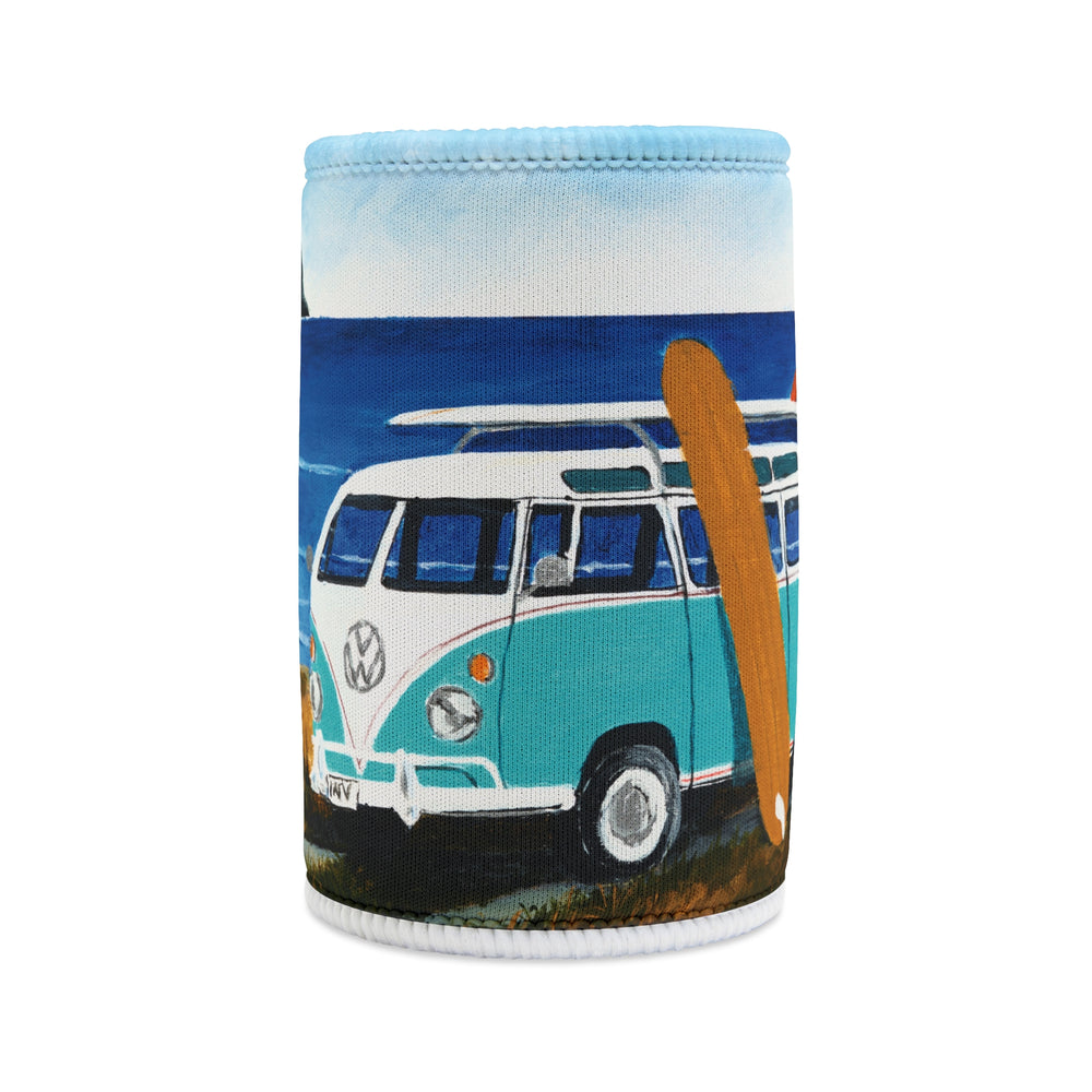 Coozie with a vintage van and surfboard design on a blue background