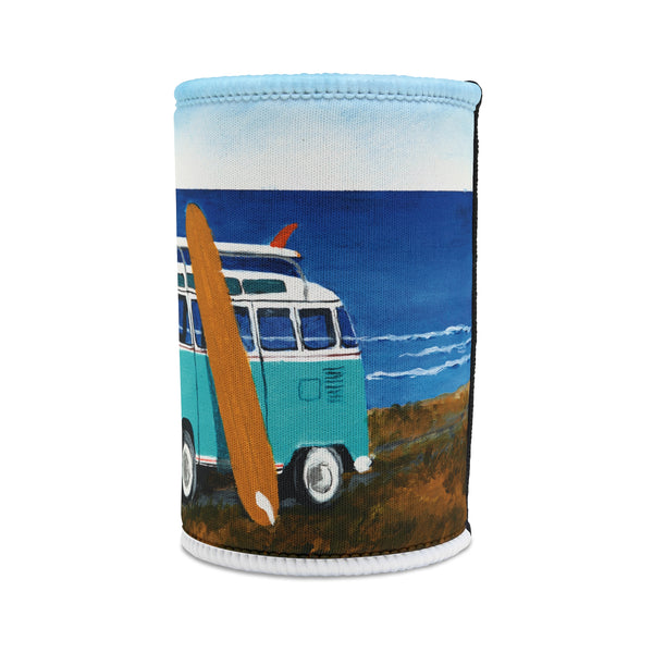 Coozie with a design of a blue van and surfboard on a white background