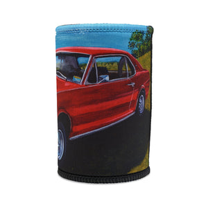 Neoprene can cooler with a red car design on a white background