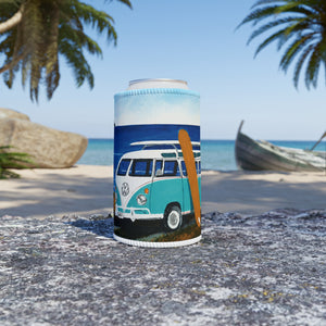 Can cooler with a beach-themed design on a sandy beach with palm trees and a boat in the background.