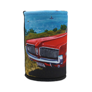 Neoprene can cooler with a red car design on a white background