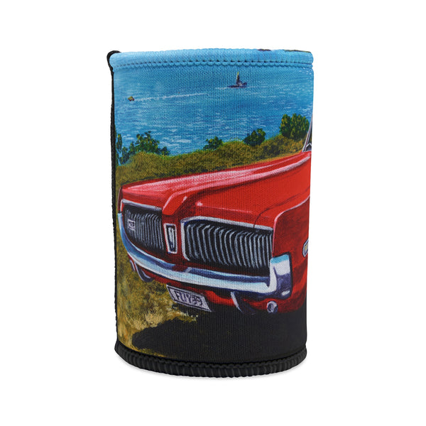 Neoprene can cooler with a red car design on a white background