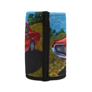 Neoprene sleeve with a red car design on a white background