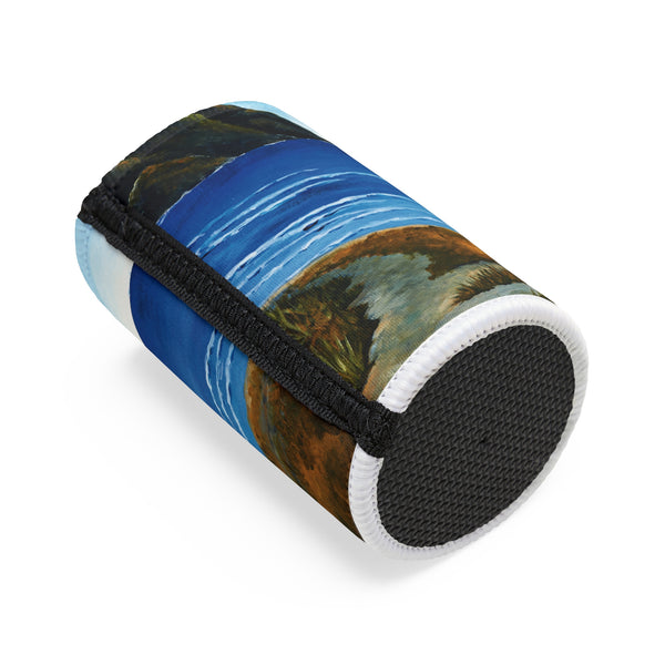 Portable speaker with a nature-themed design on a white background