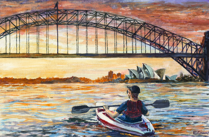 Person kayaking on water with a bridge and cityscape in the background