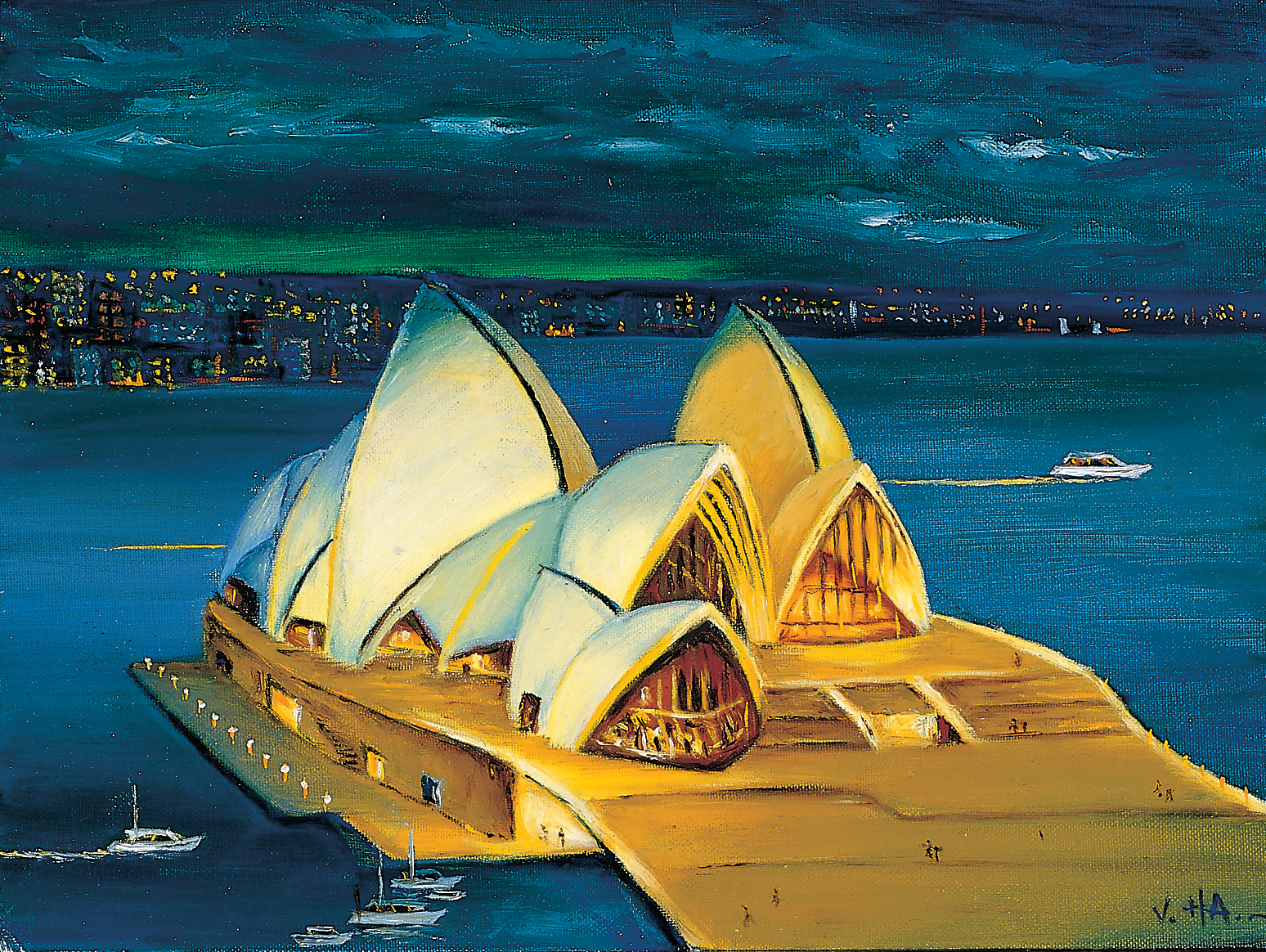 Painting of the Sydney Opera House at night with boats in the water.