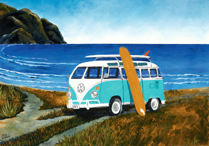 Painting of a blue and white Volkswagen van with a surfboard on a coastal road.