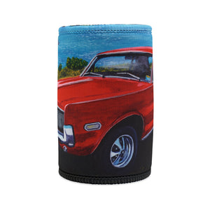 Neoprene can cooler with a red car design on a white background