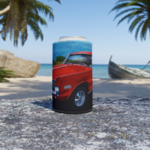 Can cooler with a red car design on a beach with palm trees and a boat in the background.