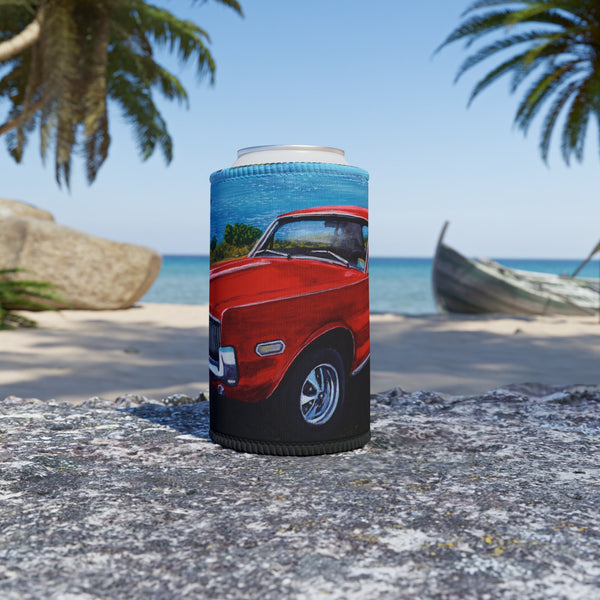 Can cooler with a red car design on a beach with palm trees and a boat in the background.