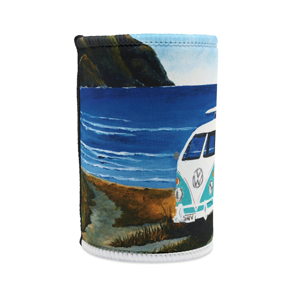 Neoprene can cooler with a Volkswagen van design on a scenic background