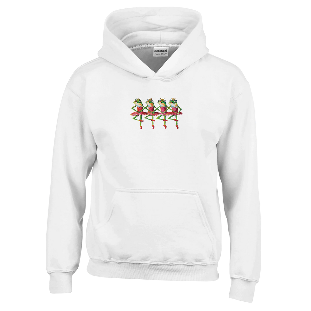 White hoodie with embroidered design on a white background. Ballerina Frog Princesses kids hoodie — original artwork by mouth painter Lars Hollerer