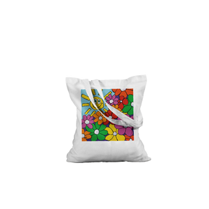 White eco-friendly canvas tote bag featuring "Bouquet & Sun," an original vibrant floral and smiling sun painting by MFPA mouth artist Lars Hollerer.