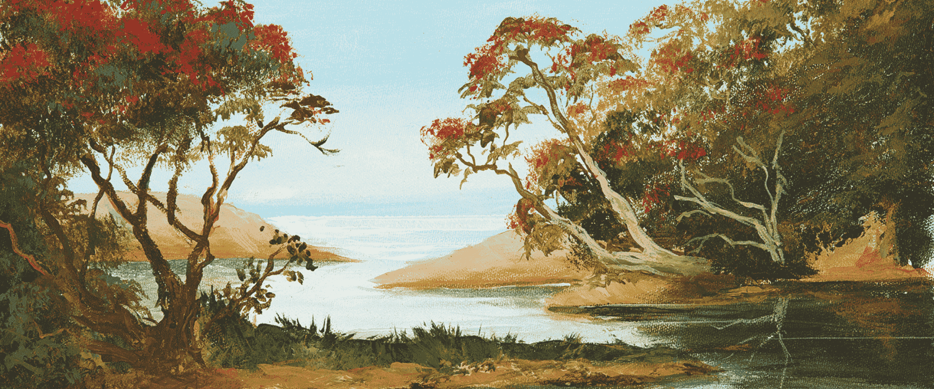 Landscape painting of a river with trees and a clear sky